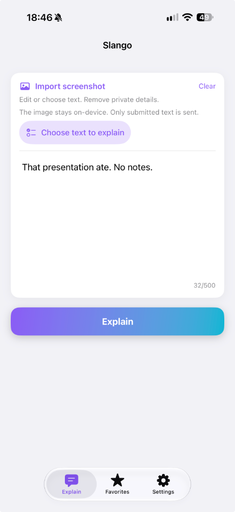 Slango screenshot import with recognized text ready to review before explaining