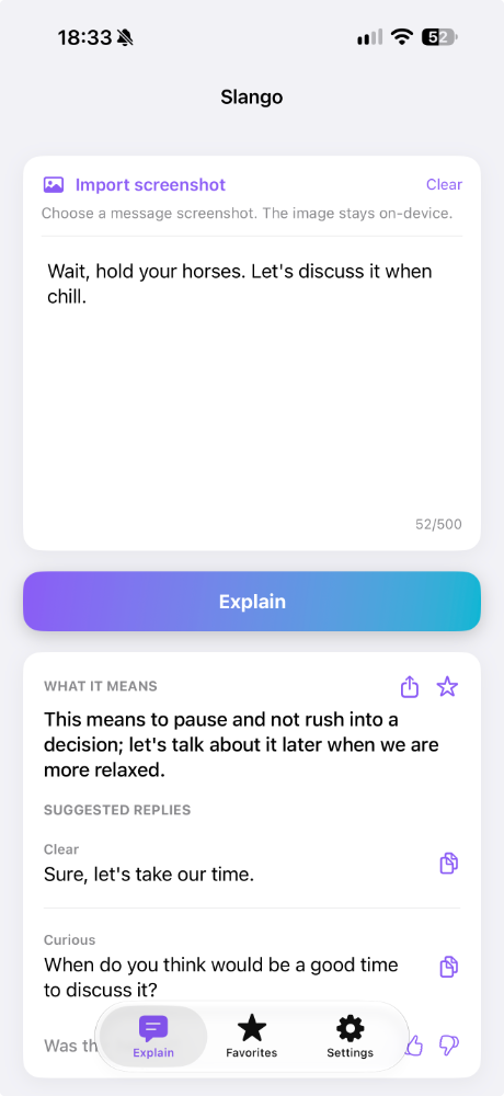 Slango explaining a message and offering two natural reply suggestions
