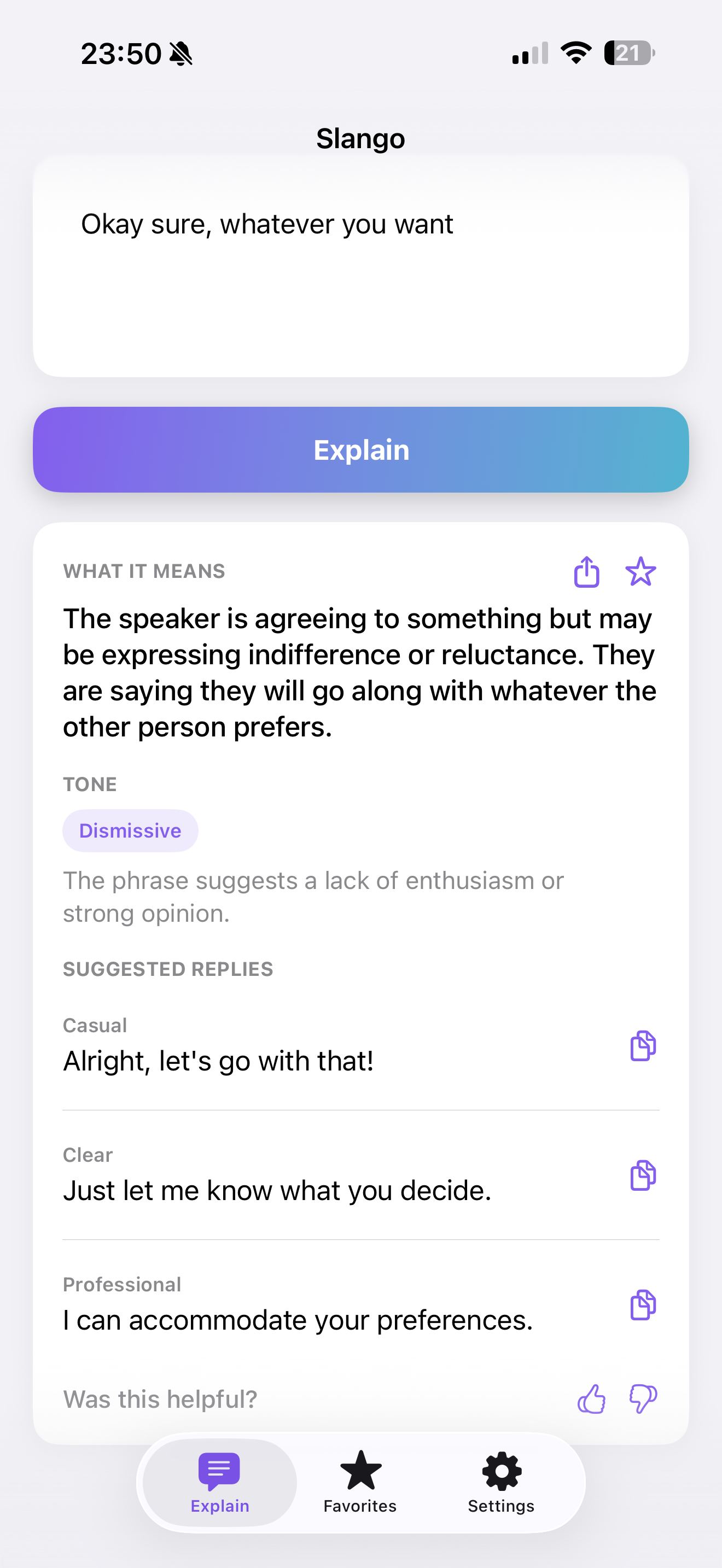 Slango explaining an ambiguous message and suggesting replies